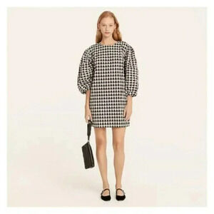 J. Crew Size XS Black and White Puff-Sleeve Mini Dress in Textured Plaid NEW!